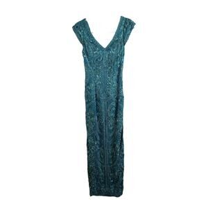 Sue Wong Nocturne Cap Sleeve V-neck Beaded Lace Formal Evening Gown Women's 2